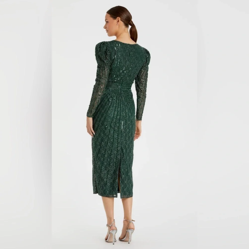 NWT | Mac Duggal 93676 Deep Green Beaded Lace Long Sleeve Midi Dress Size 6